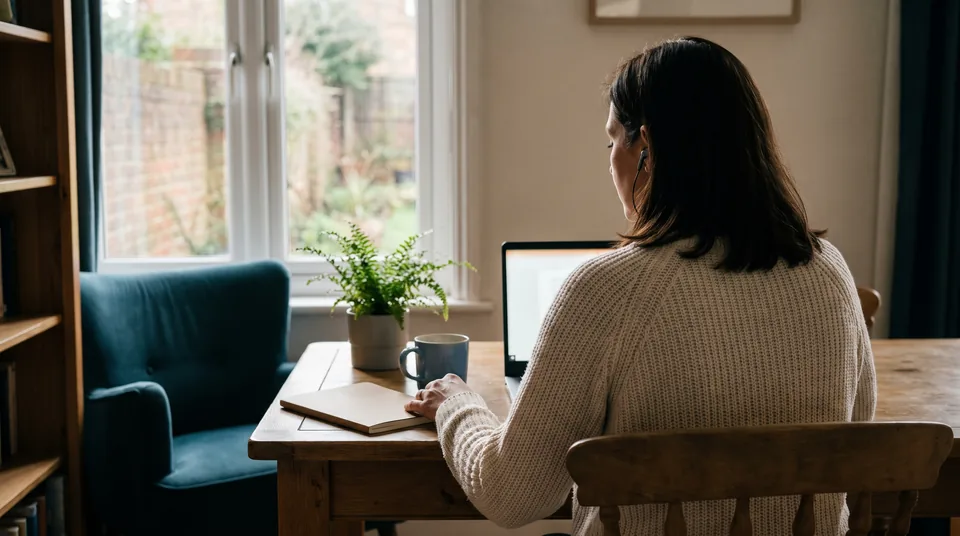 Illustrative scene: a woman using a laptop for a private conversation from home.